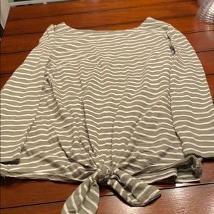 Green and white striped shirt with knot